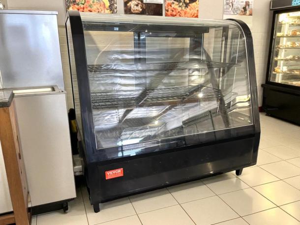 VEVOR XCW-100L refrigerated display case, 3.5 cu. ft., 2-tier, excellent condition, tested and working, clear glass, black frame.