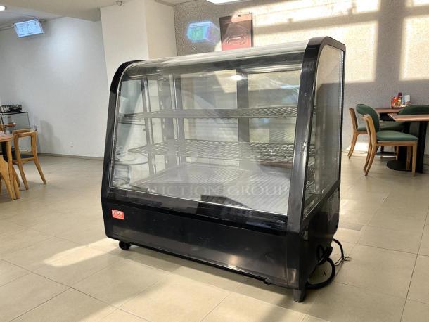 VEVOR XCW-100L refrigerated display case, 3.5 cu. ft., 2-tier, excellent condition, commercial, tested, working, black frame.