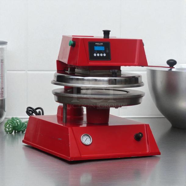 Proluxe DP2300 12" Semi-Automatic Pizza Press, red, 115V, tested and working, featuring control panel and temperature gauge.