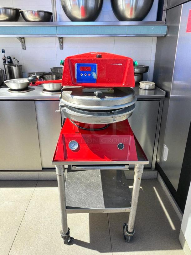 Proluxe DP2300 12" pizza press in red, semi-automatic, 115V, tested and working. No stand included.