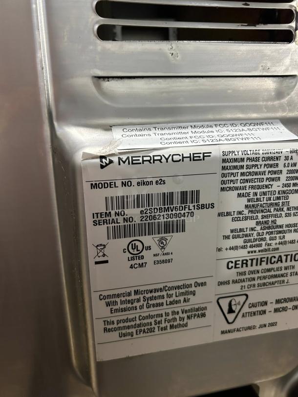 Merrychef eikon e2s Classic high-speed cooking oven, excellent condition, 208/240V, tested and working, model label visible.