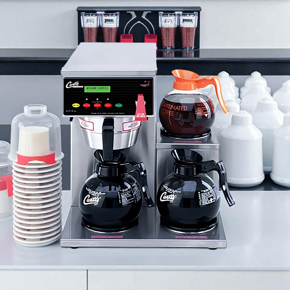 Commercial Bunn coffee brewer with dual brew heads and six warming plate stations