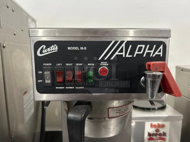 Curtis Alpha Model IIIS commercial coffee brewer with 3 burners and hot water dispenser. Well-maintained and tested.