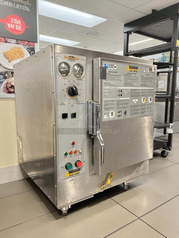 AccuTemp S62083D100 steamer, excellent condition, 6-pan, electric floor model, 208V, tested and working, visible controls and labels.