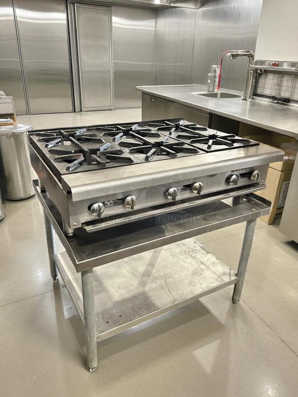 Imperial IHPA-6-36 36" commercial gas hotplate, 6 burners, NSF-certified, on stand, tested and working, stainless steel finish.