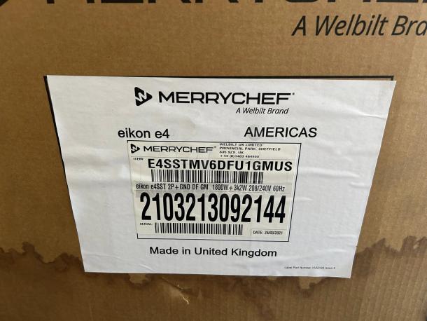 Box label for a brand new Merrychef eikon e4s high-speed cooking oven. Serial number: 2103213092144. Made in the UK.