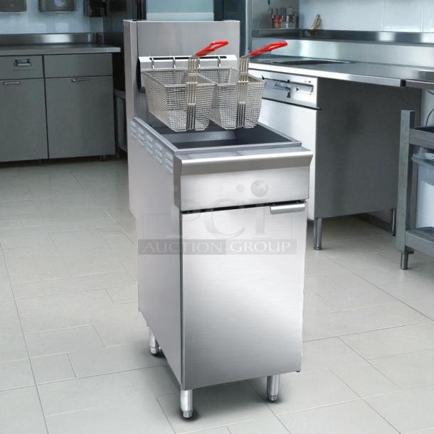 Brand New Black Diamond BDGF-ES35/NG 35 lb Energy Star Gas Fryer, natural gas, stainless steel, in original packaging.