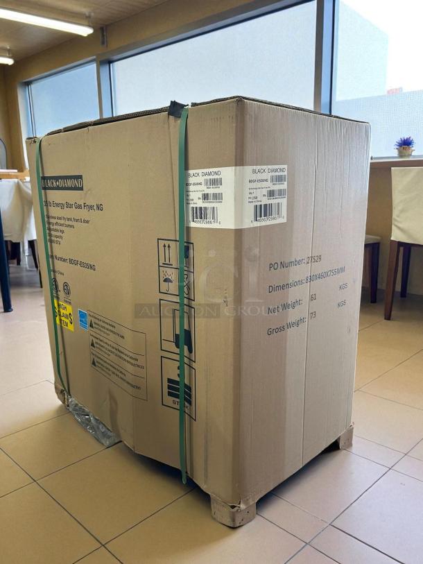 Brand new Black Diamond BDGF-ES35/NG 35 lb Energy Star gas fryer in original packaging, labeled for natural gas use.
