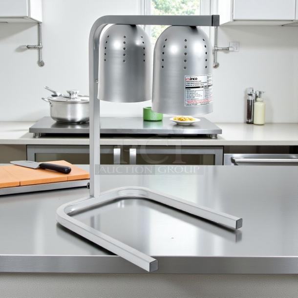 Winco EHL-2C 2 Bulb Heat Lamp, stainless steel, adjustable arm, 120v, tested and working, in kitchen setting.