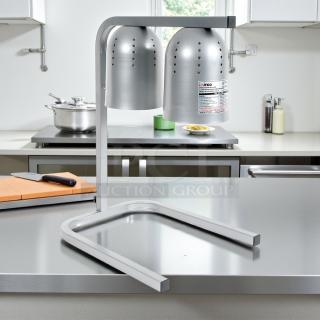 Winco EHL-2C 2 Bulb Heat Lamp, stainless steel, adjustable arm, 120v, tested and working, in kitchen setting.