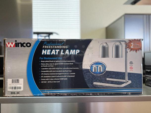 Winco EHL-2C 2 Bulb Heat Lamp, stainless steel, adjustable arm, 120v, tested, includes 2 infrared bulbs, new in box.