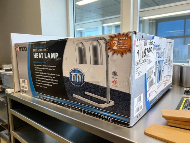Winco EHL-2C heat lamp in box, features 2 infrared bulbs, stainless steel finish, adjustable arm, 120v, tested and working.