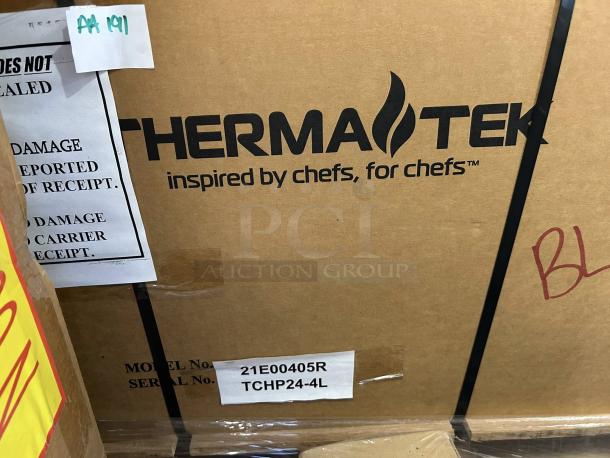 Therma-Tek TCHP24-4 burner countertop gas hotplate box, labeled "inspired by chefs, for chefs." Model 21E00405R.