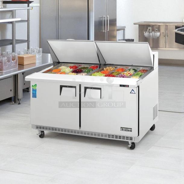 Everest EPBWR2 59" mega top sandwich/salad prep table, two-section, excellent condition, 24 pans, tested.