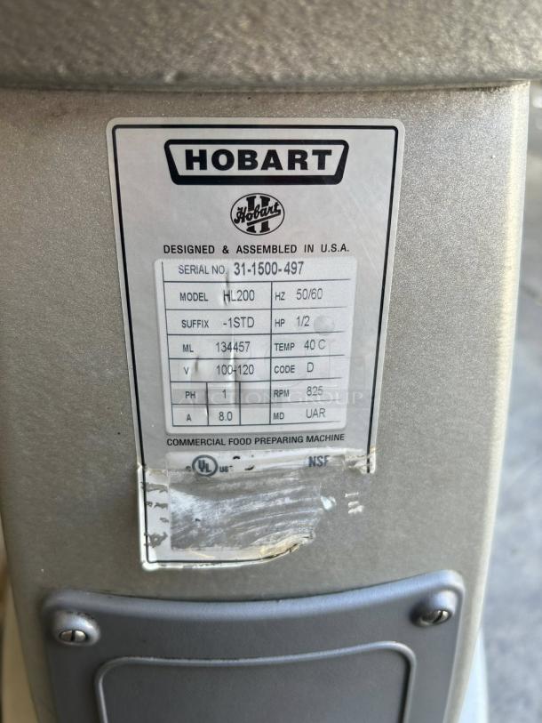 Hobart Legacy+ HL200 20 Qt. Stand Mixer with Guard, serial 31-1500-497, 120V, 1/2 hp, tested and working, UL/NSF certified.