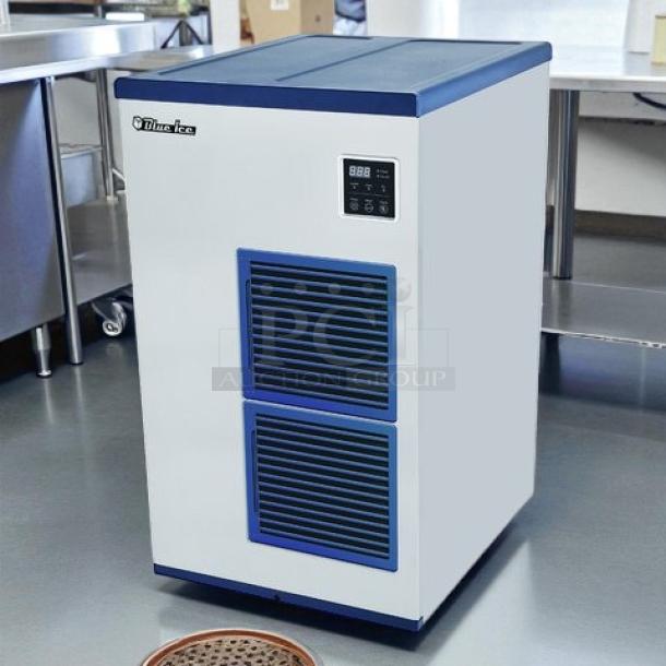 Blue Air Model BLMI-850A ice machine, excellent condition, digital display, 850 lb capacity, fully tested, white and blue finish.