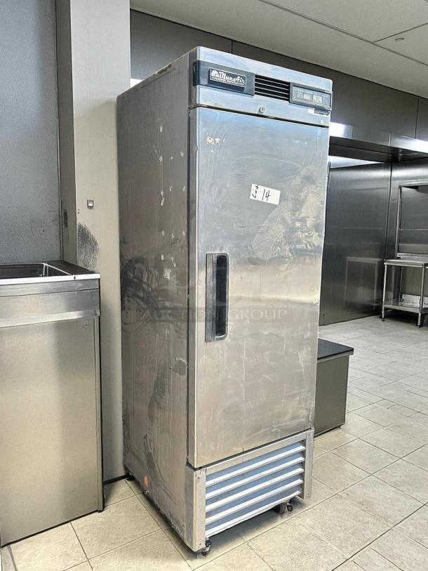 Blue Air BSSF23 one-door freezer, stainless steel, tested and working, visible lot tag, minor surface wear.