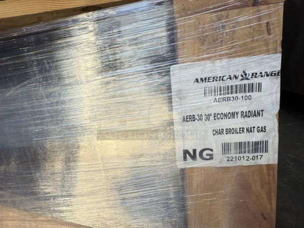 Brand new American Range AERB-30, 30” economy radiant broiler in packaging. Model info and barcode visible.