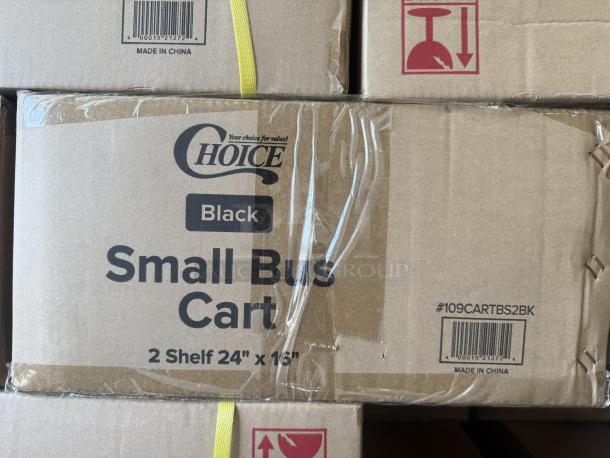 Brand new Choice #109CARTLG2BK small bus cart, black, with two 24"x16" shelves. Box shows "Made in China" and model label.