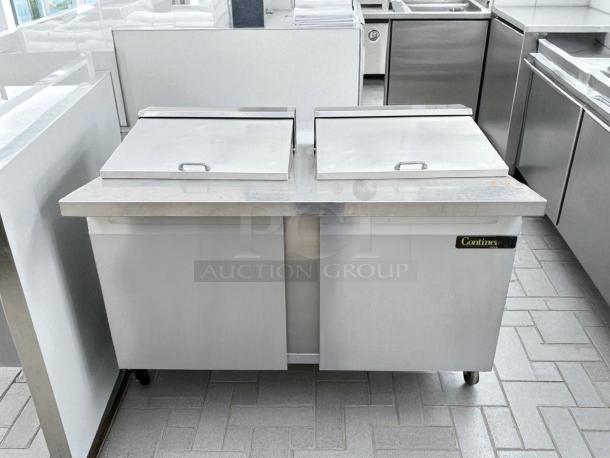Continental SW60-24M sandwich prep unit, 60" wide, 17 cu ft, stainless steel, dual lids, tested and working, excellent condition.