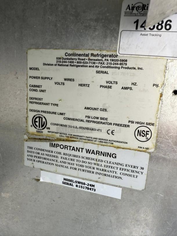 Alt Text: Continental SW60-24M Mighty Top Sandwich Prep Unit label showing model and serial number.