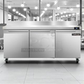 Continental SW72-N-BS 72" worktop refrigerator with backsplash, stainless steel, 3-door, on casters, excellent condition.