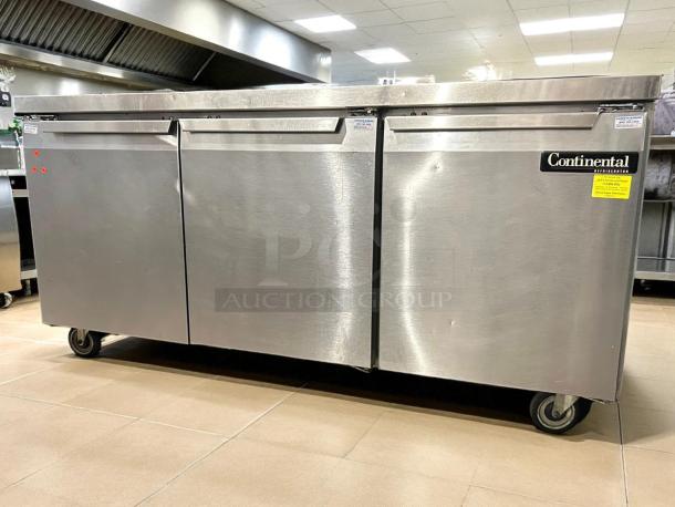 Continental SW72-N-BS 72" worktop refrigerator with backsplash, stainless steel, on casters, excellent condition.