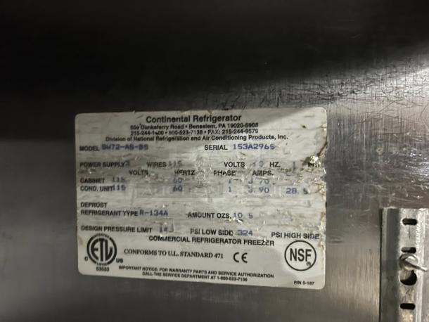 Continental Refrigerator SW72-N-BS label, showing model details, power specs, and compliance logos for auction item validation.