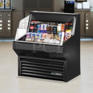 True THAC-36-HC-LD open air cooler, great condition, 3 levels, 36 1/8" wide, 115v, tested and working, displaying drinks and snacks.