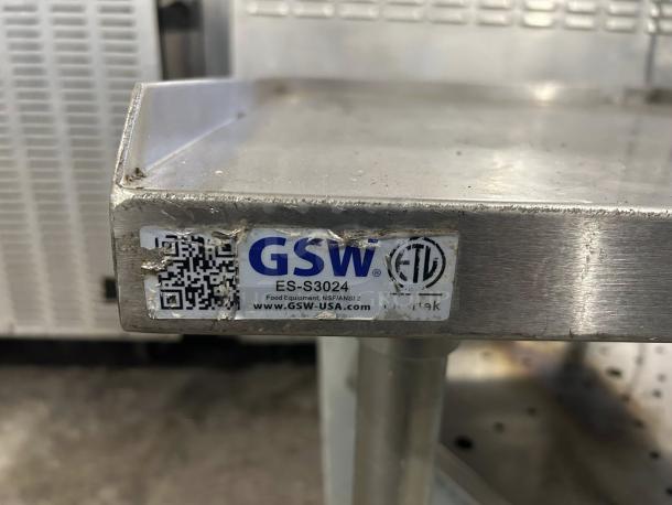 GSW USA ES-S3024 equipment stand in great condition, 24"W x 30"D x 24"H, stainless steel, with label showing model and ETL certification.