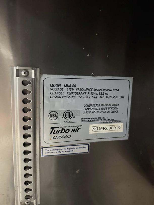 Turbo Air MUR-60-N undercounter refrigerator label showing model, voltage, refrigerant details, and manufacturing info.