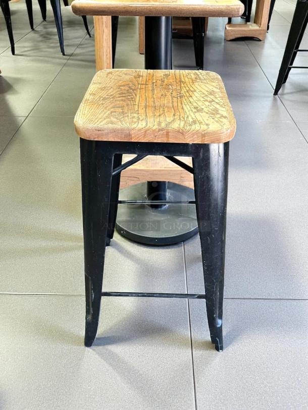 Industrial-style Design Form bar stool, 26" height, wood seat, 330LB capacity, excellent condition.