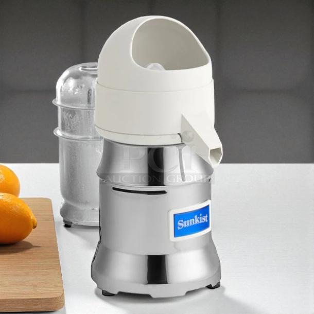 Sunkist J-1 Commercial Citrus Juicer, excellent condition, 115V, 3450 RPM, stainless steel, tested and working, with logo.