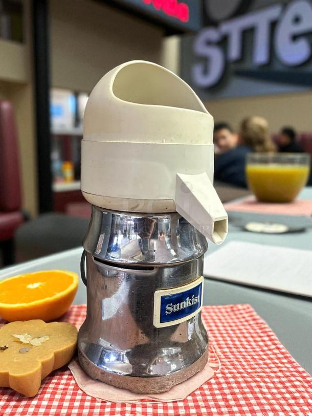 Sunkist J-1 Commercial Citrus Juicer, 115V, 3450 RPM, excellent condition, chrome body, tested and working, Sunkist label visible.