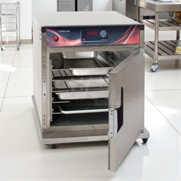 Cres Cor H137SUA5D hot holding cabinet, 120V, amazing condition, stainless steel, open door showing shelves, fully tested.