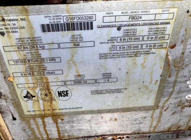 Pitco Frialator FBG24 gas floor fryer label, 120,000 BTU/hr, 115V, natural gas, fully tested, superb condition, NSF certified.