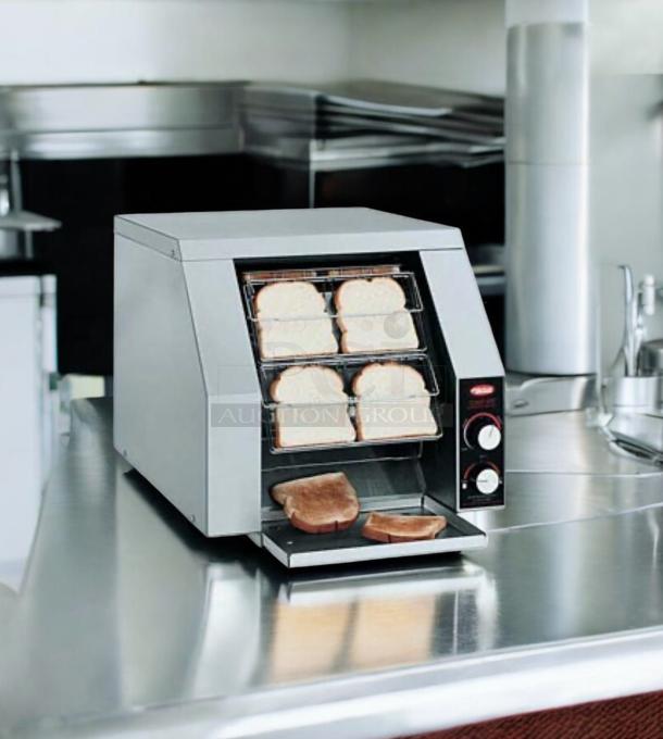 Hatco TRH-60 Toast-Rite Conveyor Toaster, top-tier condition, 208V; features dual control knobs and bread conveyor.
