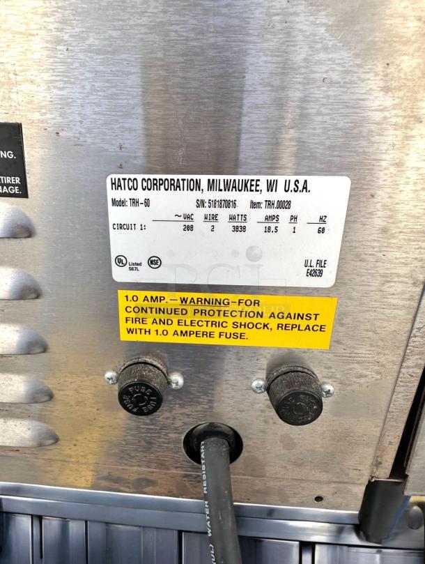 Hatco TRH-60 Toast-Rite Conveyor Toaster in top-tier condition, 208V, fully tested, with safety warning label for fuse replacement.