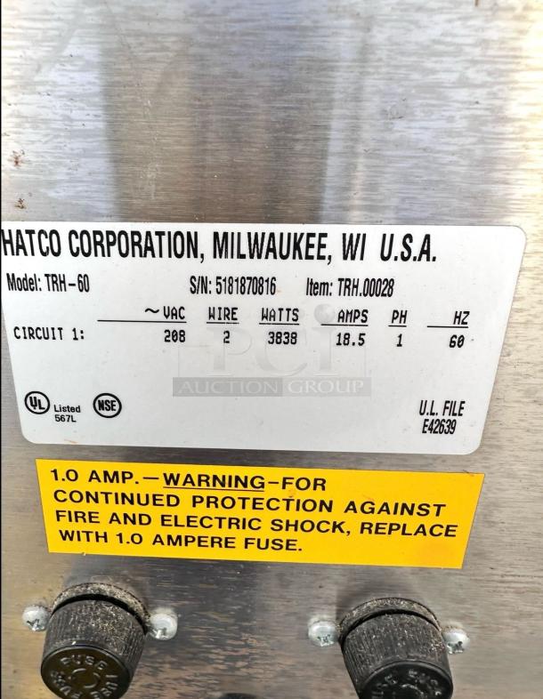 Top-tier condition Hatco TRH-60 Toast-Rite Conveyor Toaster. Fully tested and working. 208V, 3838W, 18.5A. Includes safety warning label.
