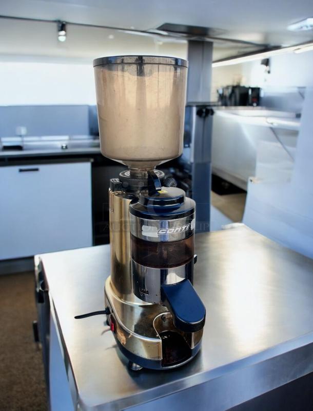 Conti on-demand coffee grinder, superb condition, made in Italy. Professional espresso model with visible Conti logo. Fully tested.