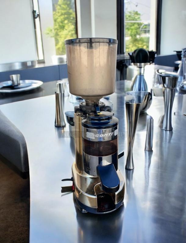 Conti Professional On-Demand Espresso Coffee Grinder, superb condition, chrome finish, made in Italy, fully tested and working.