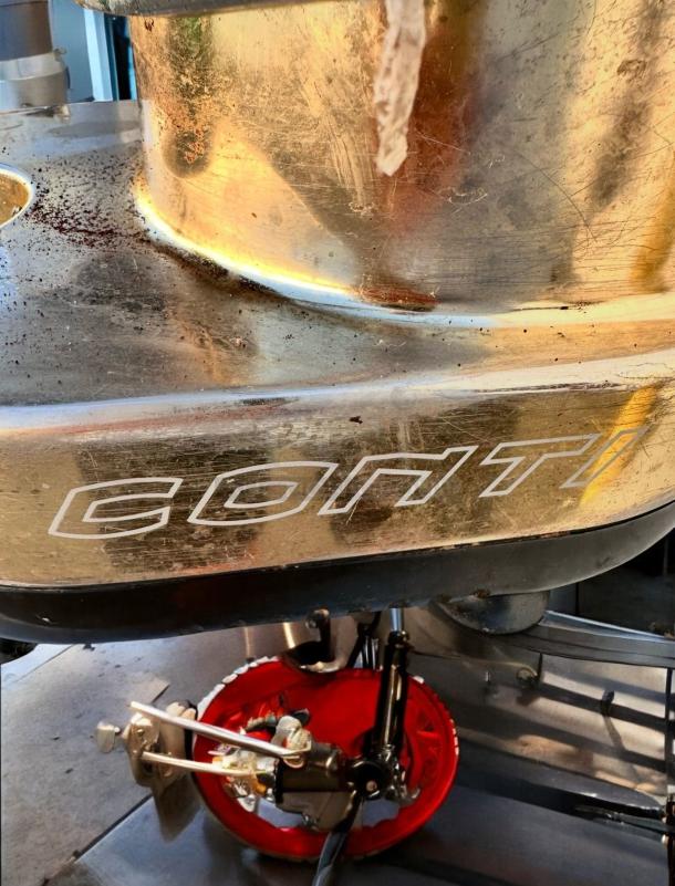 Conti On-Demand Coffee Grinder, superb condition, stainless steel, made in Italy. Features "Conti" branding. Fully tested.