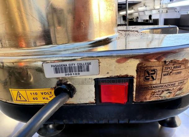 Superb condition Conti Professional On-Demand Espresso Coffee Grinder. Visible labels show 110V, 60Hz, and Pasadena City College asset tag.