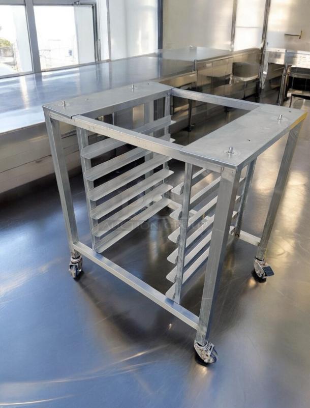 Commercial Grade stainless steel mobile pan rack stand, open-frame model, heavy-duty construction, outstanding condition.