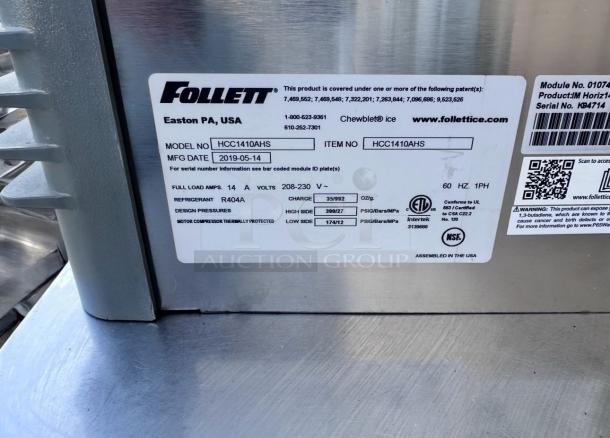 Follett HCC1410AHS Chewblet Ice Maker with Bin label, showing model details, 208–230V, R404A refrigerant, immaculate condition.