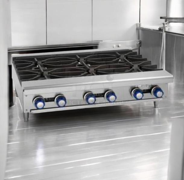 Superb condition Imperial 6-burner gas hot plate range, model: Countertop, fully tested, natural gas, made in USA.