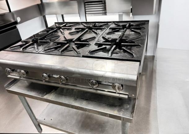Superb condition Imperial 6-burner gas hot plate range, model countertop, fully tested, natural gas; knobs and burners visible.