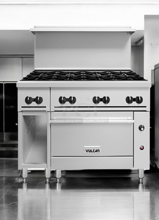 Vulcan 48C-8BN 8-burner gas range with oven in outstanding condition, 120V, fully tested, stainless steel finish.