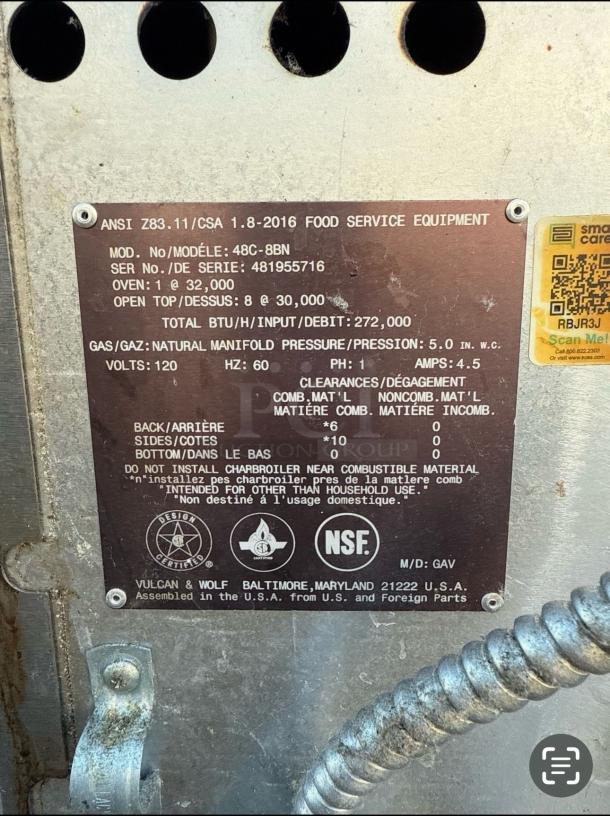 Metal label on Vulcan 48C-8BN, 8-burner gas range. Displays model, serial number, BTU specs, electrical details, NSF certified.