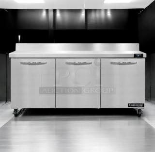 Continental Refrigerator 3-door sandwich prep table, model SW72-AS-BS, 115V, stainless steel, excellent condition, fully tested.